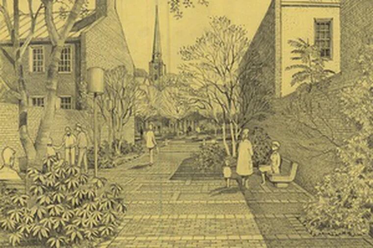 John F. Collins&#0039; pencil drawing of St. Peter&#0039;s Way , a pedestrian walk completed during Edmund Bacon&#0039;s reign as city planner. Drawings of Collins&#0039; projects are in a retrospective at Temple&#0039;s Ambler campus.