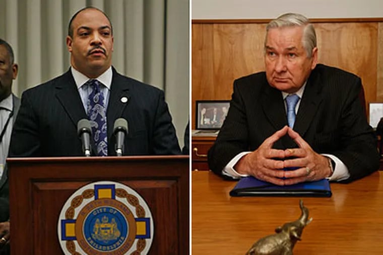 A contractor asked by a city employee to pay a non-existent city fee for a tax abatement contacted City Councilman Jack Kelly (right), who in turn called District Attorney Seth Williams (left). Williams had his office set up a sting operation. (File photos)