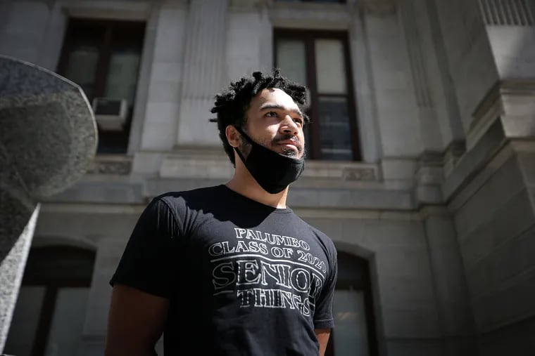 Malik Townes, who played football for Academy at Palumbo, talks outside City Hall in Philadelphia, Pa. on July 22, 2020. Members of the local high school football teams held a demonstration to raise awareness around gun violence after a Frankford player was shot in the head and killed at 15 years old in June.