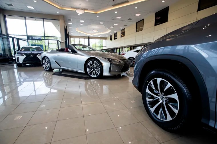 Lexus of Cherry Hill in Mount Laurel Township on May 8, 2021. A LC500 is center in the showroom.