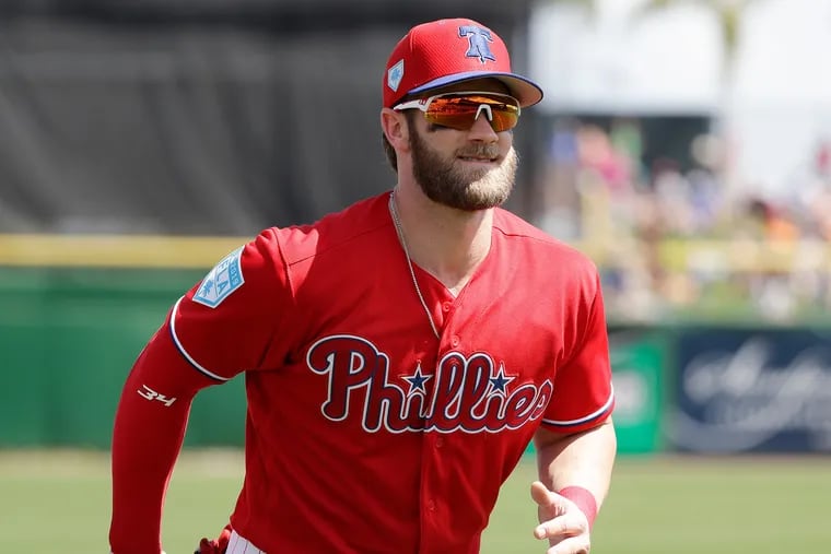 Phillies right fielder Bryce Harper on the field before the Phillies played the Toronto Blue Jays in a spring training game.