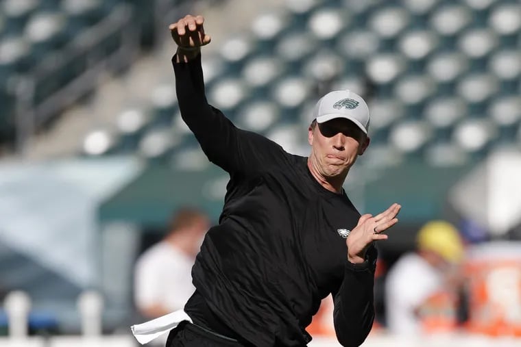 Eagles quarterback Nick Foles throws the football during warm-ups before the Eagles play a preseason game against the New York Jets Thursday, August 30, 2018. YONG KIM / Staff Photographer
