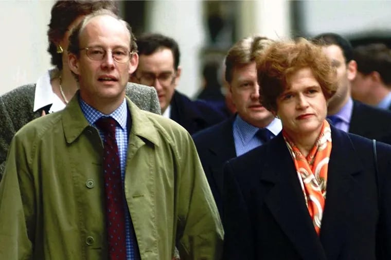 Deborah Lipstadt arriving at a London court with publishing executive Anthony Forbes Watson to defend herself in a libel suit by a writer who challenged her depiction of him as a Holocaust denier.