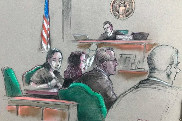 In this artist sketch, a Chinese woman, Yujing Zhang (left) listens to a hearing Monday, April 8, 2019, before federal Magistrate Judge William Matthewman in West Palm Beach, Fla. Secret Service agents arrested the 32-year-old woman March 30 after they say she gained admission by falsely telling a checkpoint she was a member and was going to swim. (Daniel Pontet via AP)