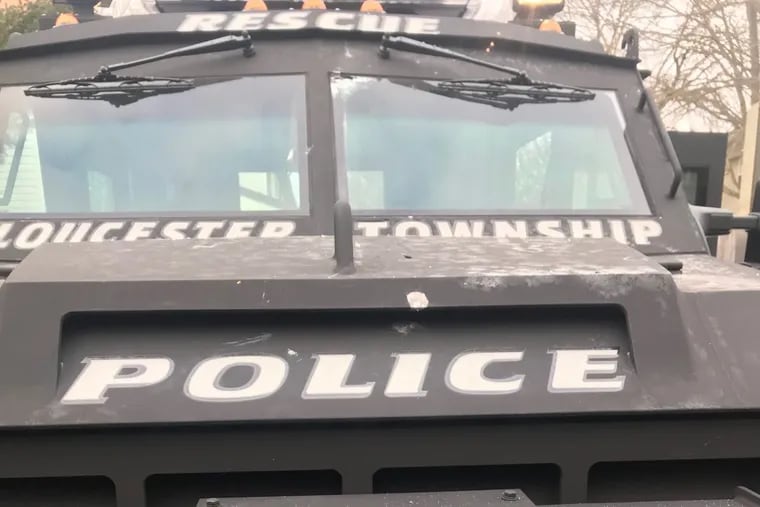 A barricaded gunman fired more than 15 rounds at this SWAT team armored vehicle during a standoff in Gloucester Township on Thursday, Jan. 11, 2018. pocking the armor and damaging the windshield.