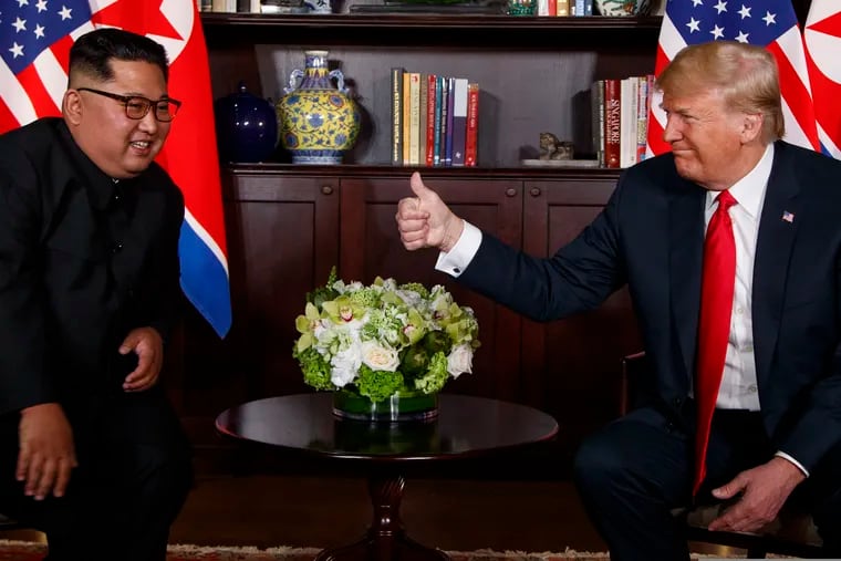 President Donald Trump meeting with North Korean leader Kim Jong Un on Sentosa Island, in Singapore, on June 12, 2018.