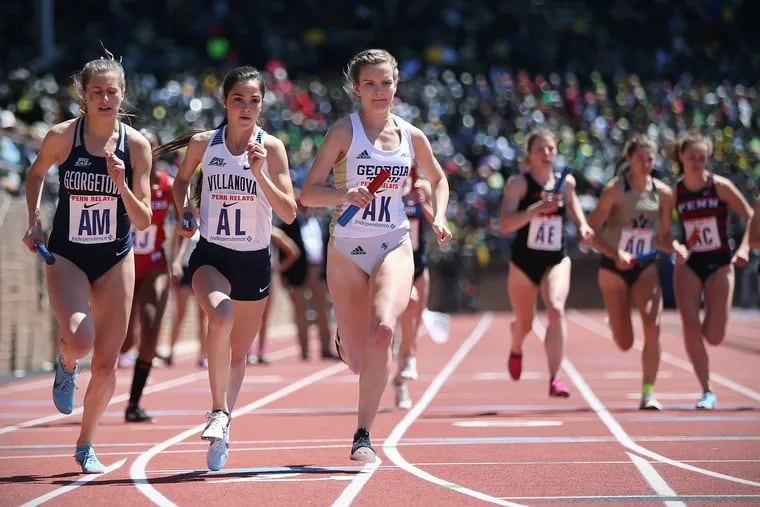 Villanova's Lydia Olivere (second from left) shown here at last April's Penn Relays, won the individual championship at the NCAA Mid-Atlantic Regional Cross-Country Championship on Friday.