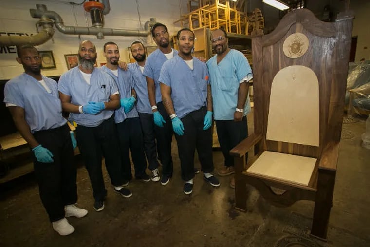 Inmates in the Philadelphia prison system participate in the Philacorp furniture making program. They built a chair for Pope Francis to sit on during his September 2015 visit to the Curran-Fromhold Correctional Facility on State Road. (ALEJANDRO A. ALVAREZ / Staff Photographer)