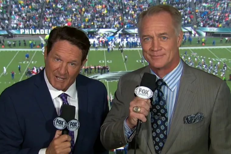FOX NFL broadcasters Chris Myers (left) and Daryl Johnston are calling their third Eagles game of the season this afternoon, when the Birds take on the Redskins.