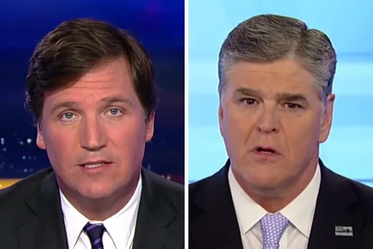 Fox News hosts Tucker Carlson (left) and Sean Hannity both conceded Tuesday night that a story claiming CNN provided scripted questions to school shooting survivors was false.