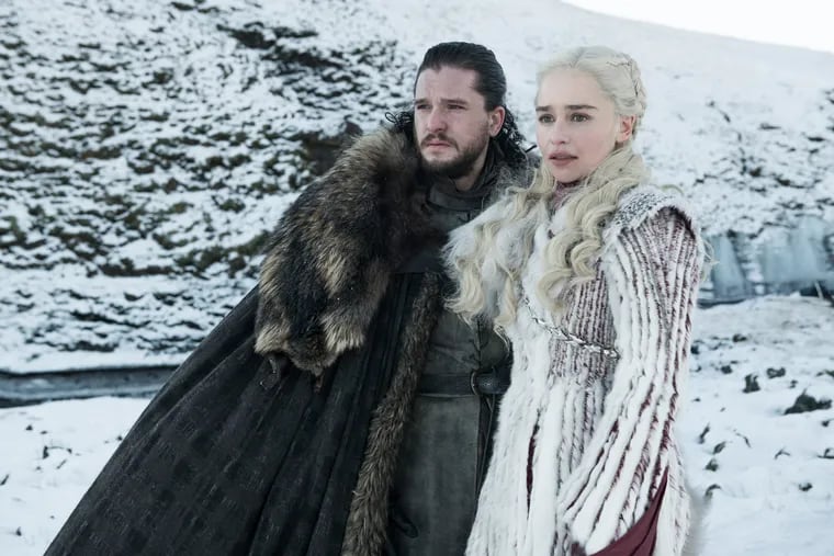 Jon Snow, played by Kit Harington, Daenerys Targaryen, played by Emilia Clarke, in a season from last season's  "Game of Thrones," on HBO. The show returns for its final season in April.