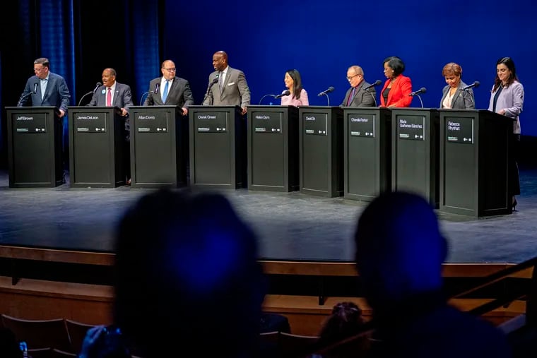 Nine candidates for mayor are onstage at the Perelman Center during a Mayoral Forum on the Performing Arts and Cultural Economy at the Kimmel Center Thursday, Mar. 2, 2023. From left are: Jeff Brown, James DeLeon, Allan Domb, Derek Green, Helen Gym, David Oh, Cherelle Parker, Maria Quiñones-Sánchez, and Rebecca Rhynhart.
