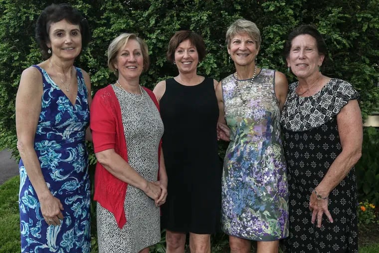 Members of the early St. Joseph's women's basketball team getting together at a recent wedding (from left): Chrissy McGoldrick Zabel, Mary Sue Garrity Simon, Muffet O'Brien McGraw, Mary Maley, and Kathy Langley.