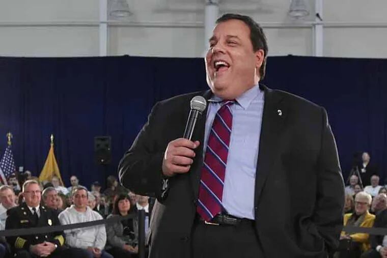 New Jersey Chris Christie shares a laugh with his constituents during his 100th Town Hall meeting in Manahawkin NJ.  Gov. Christie holds his 100th town meeting, in Manahawkin at the  Gymnasium at St. Mary of the Pines Parish Center 100 Bishop Way Manahawkin, Stafford Township, NJ  JCHRISTIE17 01/16/2013 ( MICHAEL BRYANT / Staff Photographer  )