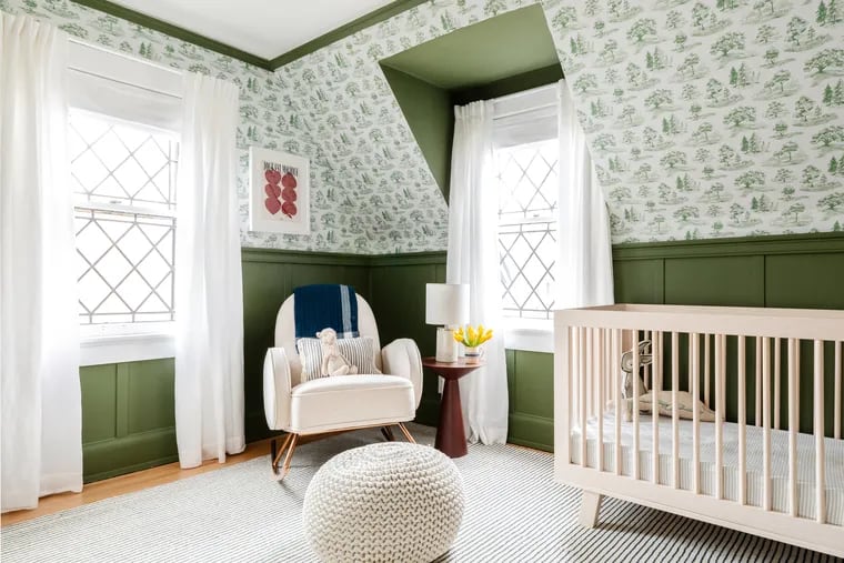 Peel-and-stick wallpaper is a beautiful and adjustable option for renters. Pictured is Tree Toile in green by Chasing Paper by Carrie Shyrock, from $40.