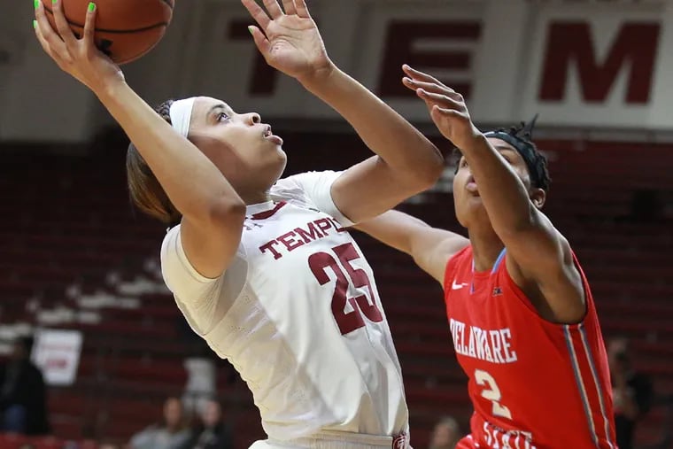 Temple's Mia Davis, pictured in a previous game against Delaware State, had 26 points and 11 rebounds Friday in a win over Duquesne.