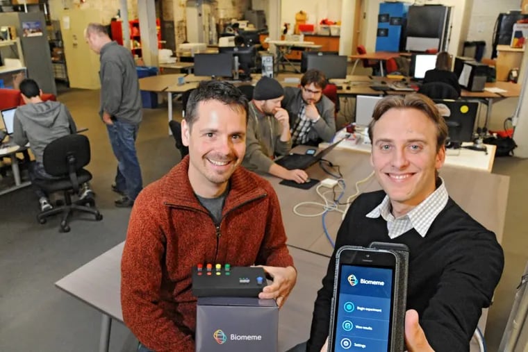 Max Perelman and Jesse van Westrienen of Biomeme, a Philadelphia-based mobile-DNA-applications developer that got its start at NextFab. The hardware/digital incubator’s start-up ventures program is drawing applicants from beyond Philly.