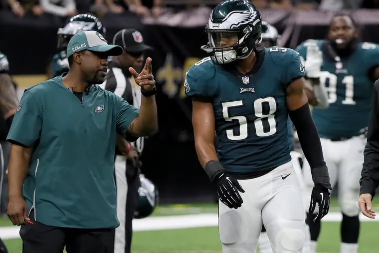 Eagles Jordan Hicks walks off the field after he was injured in the 4th quarter against the Saints. Eagles lose 48-7 to the New Orleans Saints in New Orleans, LA on November 18, 2018. DAVID MAIALETTI / Staff Photographer