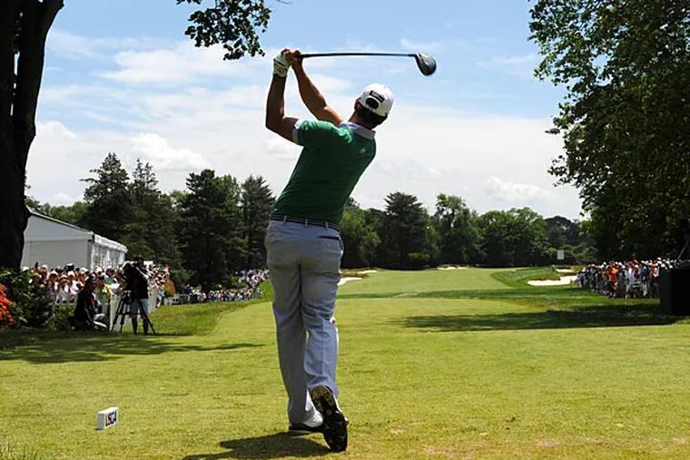 Adam Scott tees off during a practice round on Wednesday. (Clem Murray/Staff Photographer)