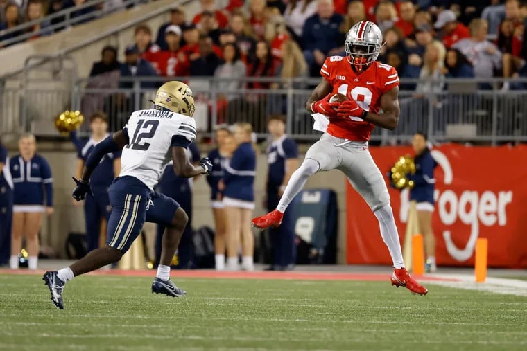 Ohio State wide receiver Marvin Harrison leads the Buckeyes this season with 38 catches, 598 yards and 10 touchdowns. The North Philly native heads to Happy Valley for Saturday's game against Penn State.