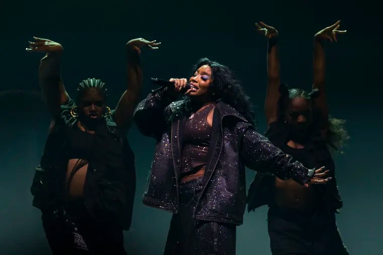 SZA performing at the Wells Fargo Center on Tuesday, Sept. 26, 2023.