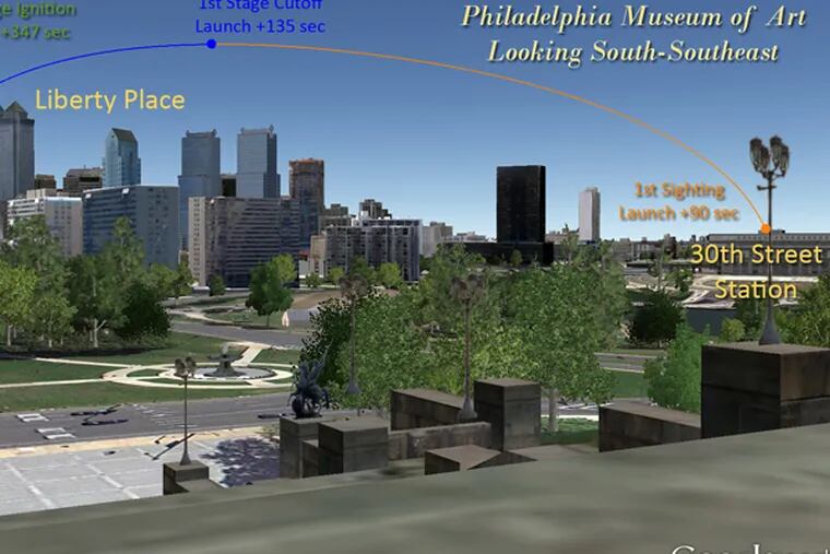 Weather permitting, the rocket will be able to be seen in Philadelphia beginning around 9:43 p.m., where it will reach a maximum of height of about 10 degrees above the city's horizon. (NASA.gov)