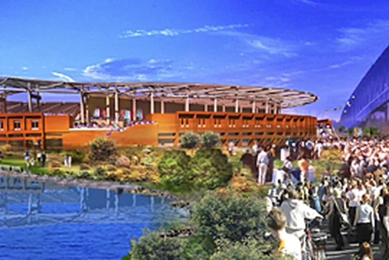 A soccer stadium, proposed near the Commodore Barry Bridge, would be part of a development of retail, housing and offices. (artist's rendering)