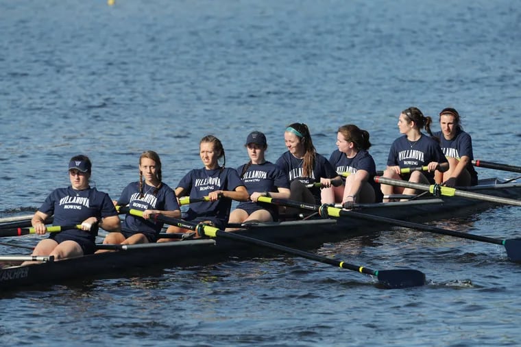 Villanova rows out to the start of the Women's College Frosh/Novice Eights during the Head of the Schuylkill Regatta Saturday October 28, 2017. DAVID SWANSON / Staff Photographer