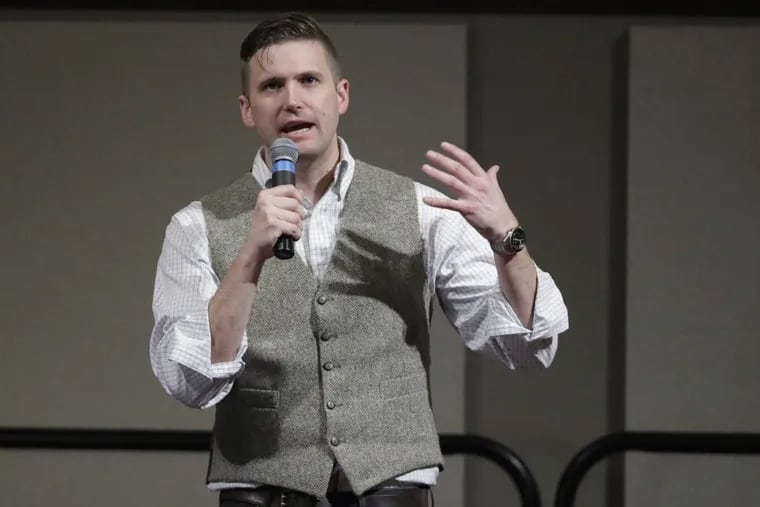 FILE – In this Dec. 6, 2016, file photo, Richard Spencer, who leads a movement that mixes racism, white nationalism and populism, speaks at the Texas A&M University campus in College Station, Texas.