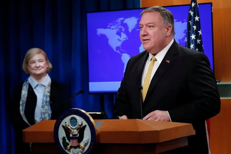 Secretary of State Mike Pompeo, right, unveils the creation of Commission on Unalienable Rights, headed by Mary Ann Glendon, left, a Harvard Law School professor and a former U.S. Ambassador to the Holy See, during an announcement at the US State Department in Washington, Monday, July 8, 2019.