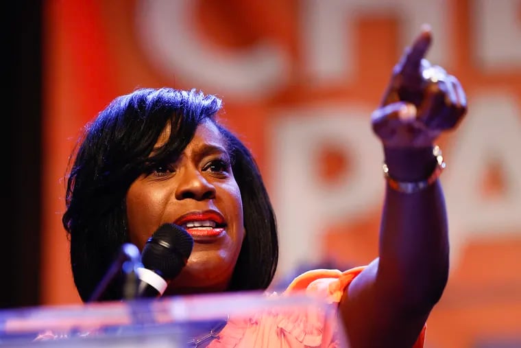 Democratic nominee for Philadelphia mayor Cherelle Parker pointing while thanking supporters during her official victory party at the Pennsylvania Convention Center on June 2.