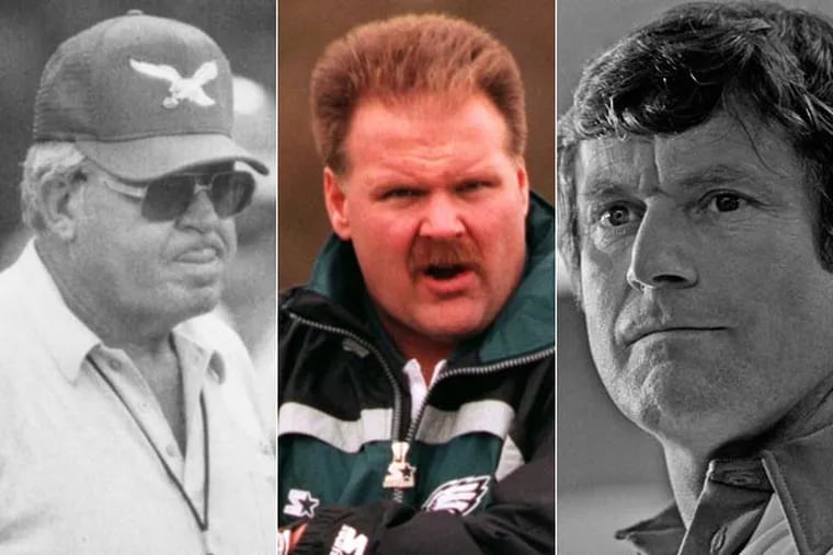 Former Eagles coaches Buddy Ryan (left), Andy Reid (center), and Dick Vermeil. (Jerry Lodriguss/Staff file photo) (AP photos)