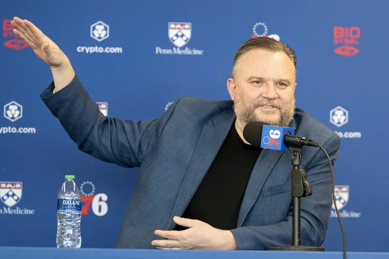 Sixers president Daryl Morey take questions from reporters on Wednesday during a press conference in Camden.