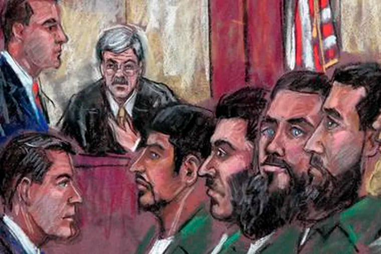 An artist&#0039;s sketch from July shows defendants in the Fort Dix case in court. They are (from left) Serdar Tatar, Mohamad Shnewer, Eljvir Duka, Dritan Duka, Shain Duka and Agron Abdullahu, who pleaded guilty in October.