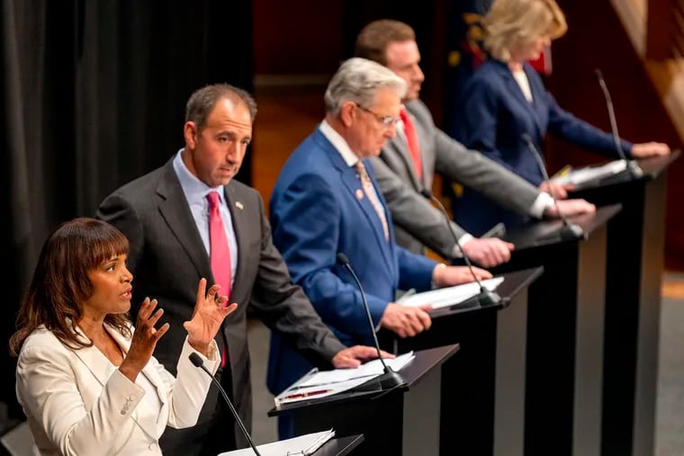 From left, Republican candidates for the U.S. Senate Kathy Barnette, Jeff Bartos, George Bochetto, Sean Gale, and Carla Sands during a debate.