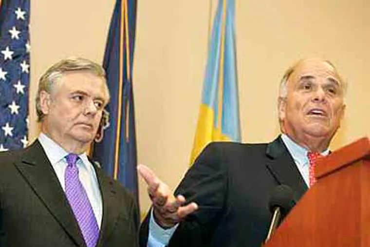 Gov. Ed Rendell took the stand this morning in the corruption trial of former State Sen. Vince J. Fumo, who is also testifying today. In this 2008 file, the two are seen as Fumo announced he was dropping out of the race for re-election. (Mike Levin/Staff Photographer/File)