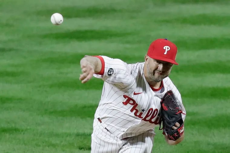 Phillies reliever Brandon Kintzler got a critical double play in the fourth inning Monday night, his first appearance for the team.