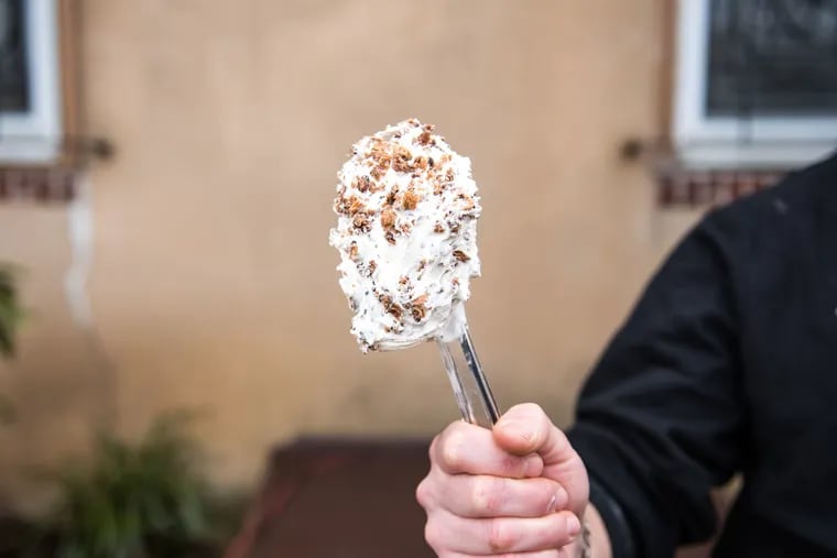 Ryan Fitzgerald releases a few flavors each week. Pictured is the Dunkatron, featuring feuilletine, peanut butter, dark chocolate chunks, fermented cocoa nibs, chocolate stracciatella, brown butter solids, and salt, all mixed into a popcorn-flavored ice cream base

.