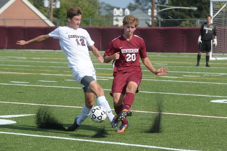#12 Chris Donovan of Conestoga makes a move past #20 Chris Roberts of Henderson in a game from earlier this year.