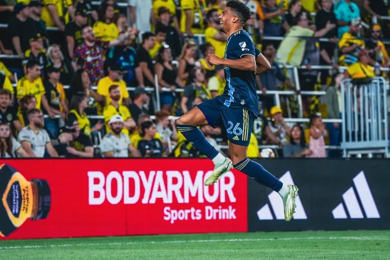 Nathan Harriel celebrates his goal in the Union's 1-1 tie at the Columbus Crew on Saturday.