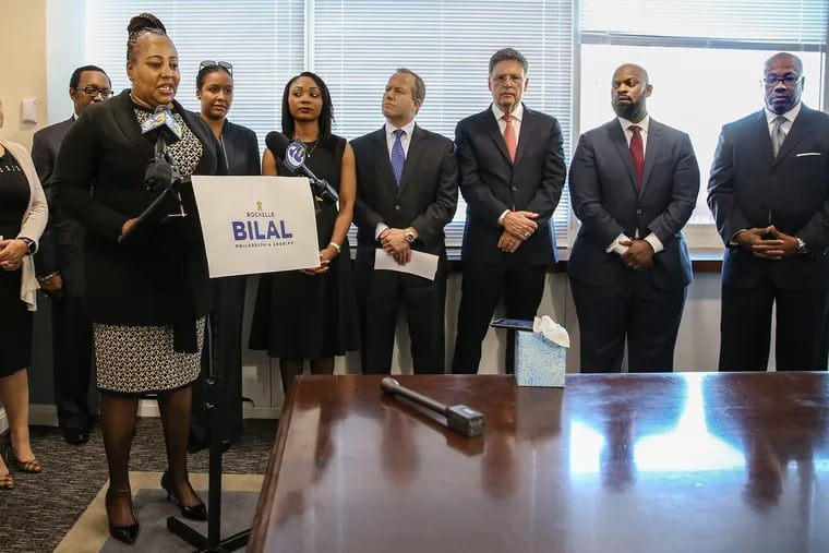 Philadelphia Sheriff-elect Rochelle Bilal announces her transition team at the Center City law offices of McCann & Wall on Tuesday, Nov. 26, 2019. Behind her are eight of its 23 members. From left: Joye Sistrunk, Bishop J. Louis Felton, Sommer Miller, Teresa Lundy, Louis A. Valori Jr., Jonathan Saidel, Correy Thomas, and Rodney Little.