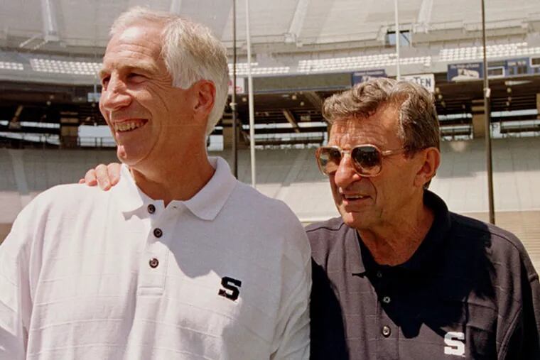 In this Aug. 6, 1999 file photo, Penn State head football coach Joe Paterno, right, poses with his defensive coordinator Jerry Sandusky during Penn State Media Day at State College, Pa. ( AP Photo/Paul Vathis, File )