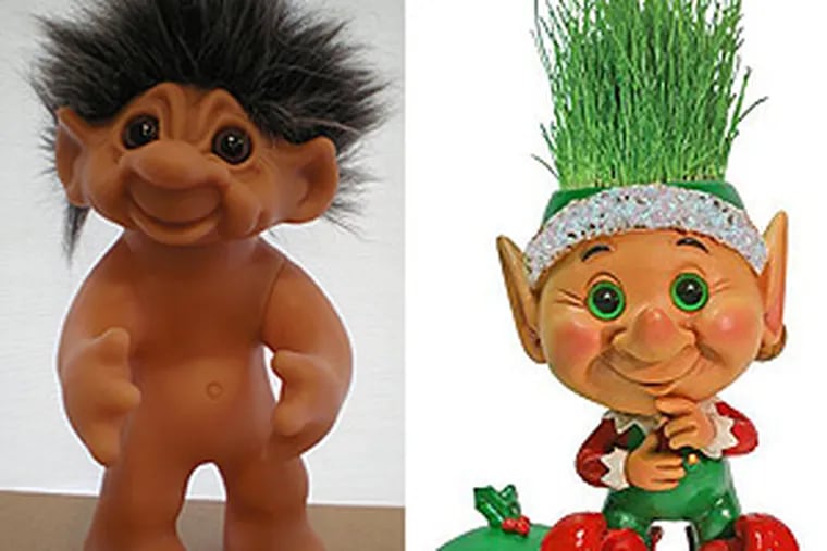 Good Luck Troll, left, debuted in the 1950s. Turf Troll sprouts vegetation from its head if watered.
