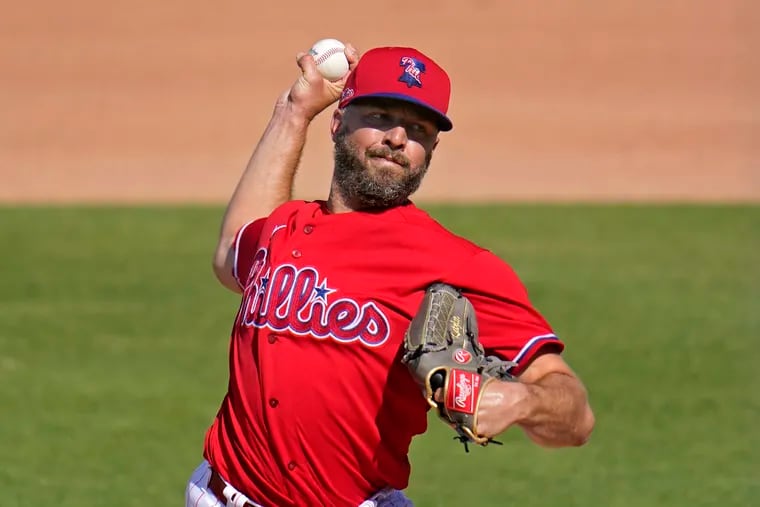 Philadelphia Phillies pitcher Brandon Kintzler delivers during a spring training exhibition baseball game against the Detroit Tigers in Clearwater, Fla., Wednesday, March 10, 2021. (AP Photo/Gene J. Puskar)