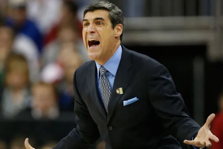 Villanova coach Jay Wright yells to his team during the second half of a second-round game against North Carolina in the NCAA college basketball tournament at the Sprint Center in Kansas City, Mo., Friday, March 22, 2013. North Carolina defeated Villanova 78-71. (Orlin Wagner/AP)