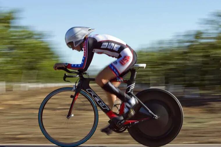 Jamie Whitmore warms up before her ride in the Putah Creek time trial Aug. 13, 2014 in Davis, Cailf. Whitmore is a world champion paracyclist who was recently awarded an ESPY Award as the Best Female Athlete with a Disability. (Paul Kitagaki Jr./Sacramento Bee/MCT)