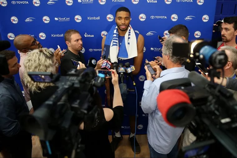 Mikal Bridges talking to reporters after working out for the Sixers on Tuesday.