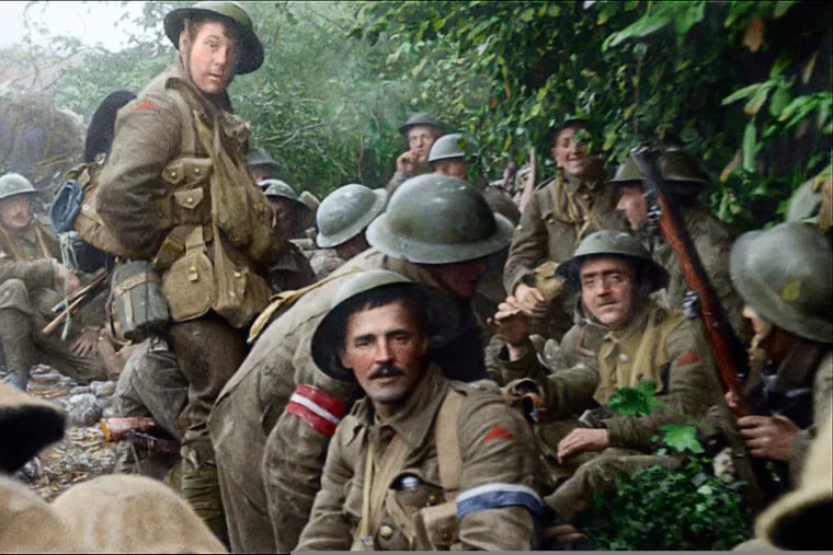 This image shows a scene from the World War I documentary "They Shall Not Grow Old," directed by Peter Jackson.