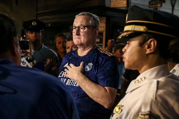 Mayor Jim Kenney and Police Commissioner Danielle Outlaw speak outside Jefferson University Hospital after two police offers were shot on the Parkway during the fireworks at the Welcome America on Monday night.