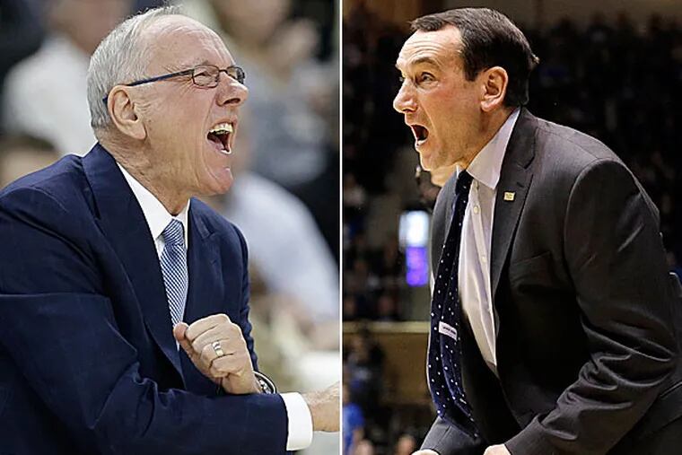 Syracuse head coach Jim Boeheim and Duke head coach Mike  Krzyzewski. (Gerry Broome/AP) (Chuck Burton/AP)